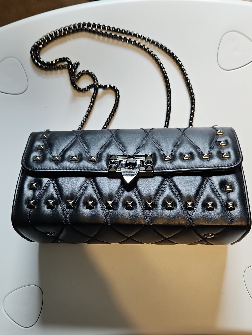 Quilted Black Studded Chain Crossbody Bag